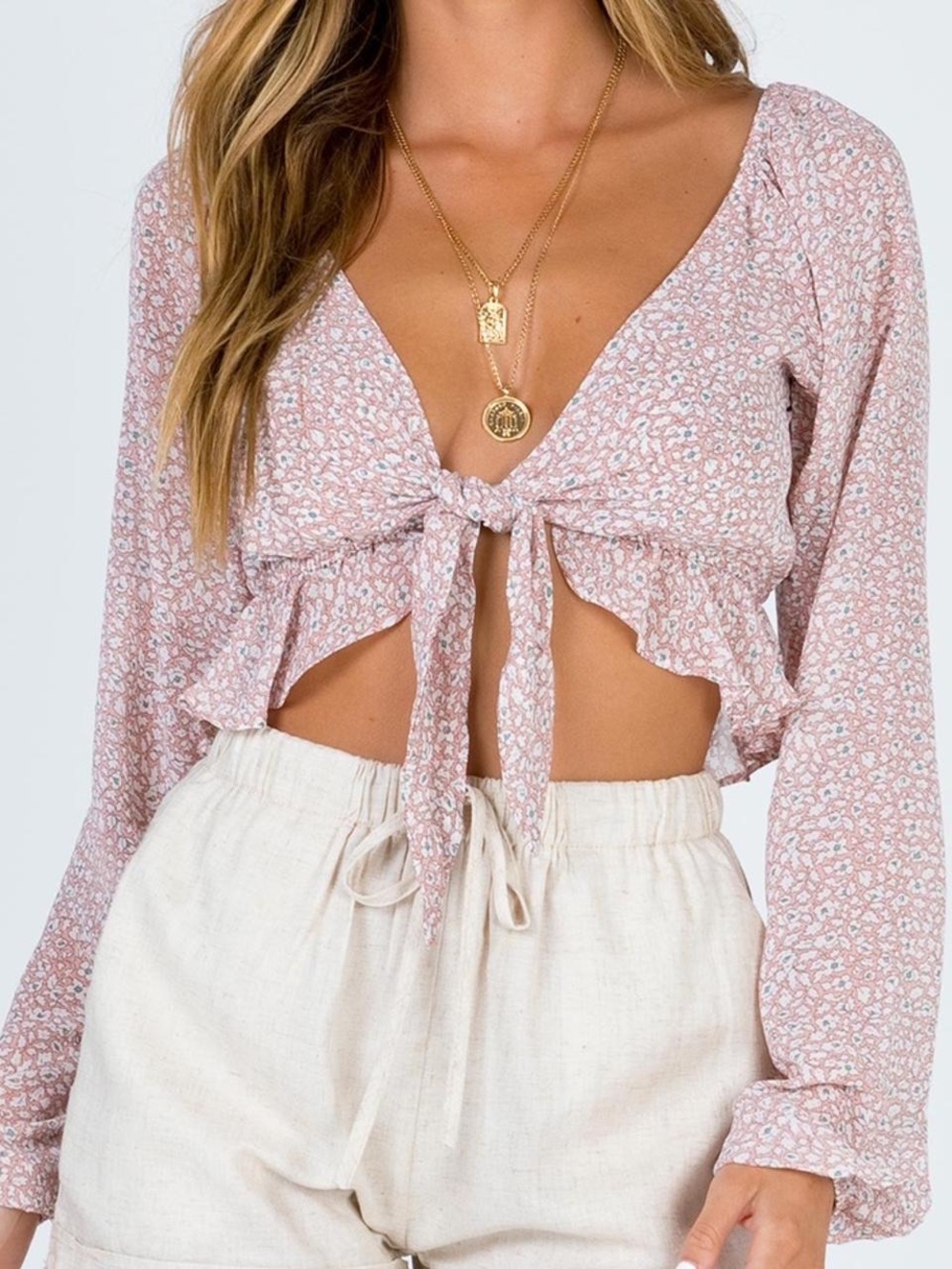 Princess Polly Blush Floral Tie-Front Crop Top
